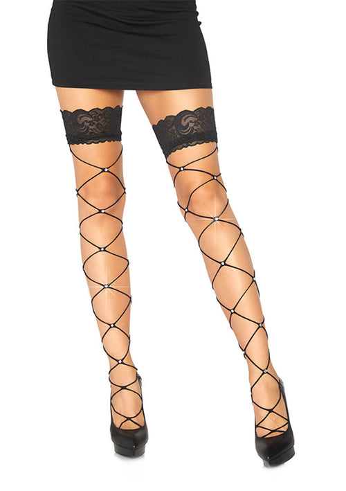 LacyNighty™ Wide Net Thigh High with Rhinestone