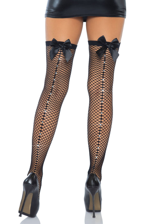 LacyNighty™ Fishnet Thigh Highs with Satin Bow Backseam