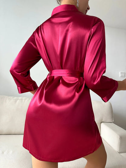 LacyNighty™ Sleek Satin Long Sleeve Robe