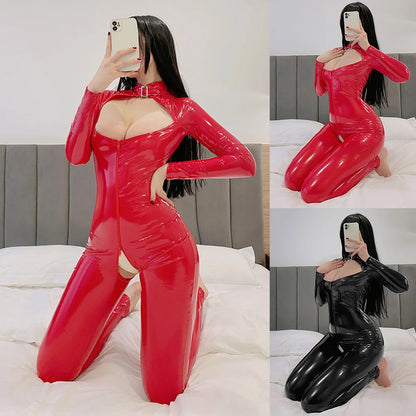 LacyNighty™ Shiny Zip-Up Latex Bodysuit