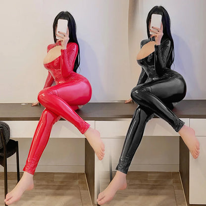 LacyNighty™ Shiny Zip-Up Latex Bodysuit