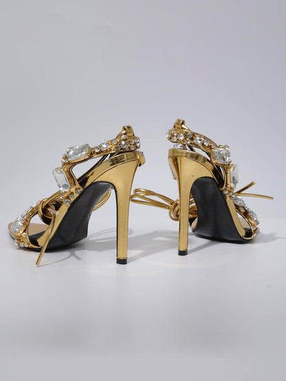 Tempest Crystal Lace Up Heels In Gold