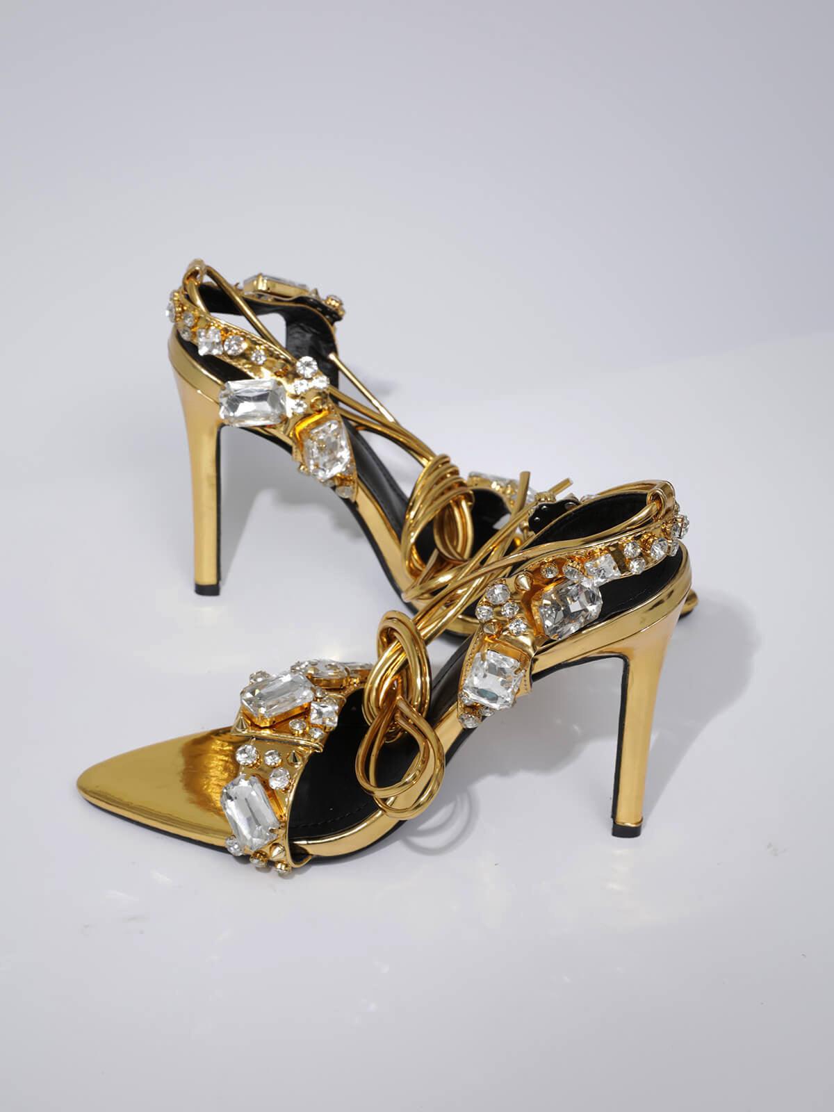 Tempest Crystal Lace Up Heels In Gold