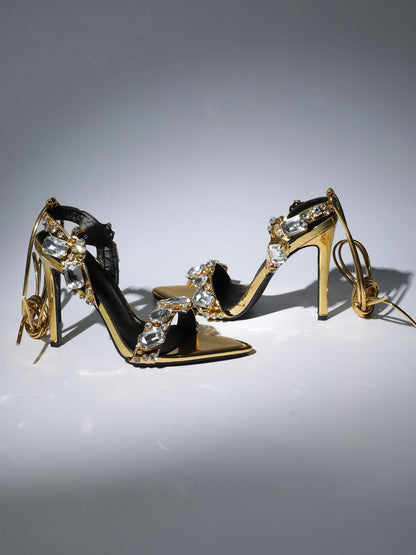 Tempest Crystal Lace Up Heels In Gold