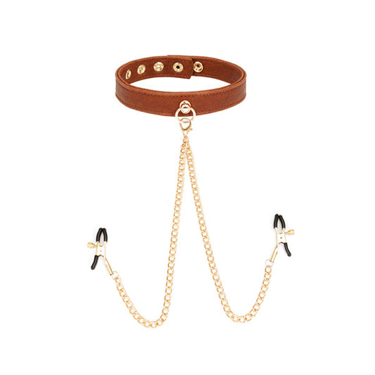 LacyNighty™ Brown Leather Collar & Nipple Clamps